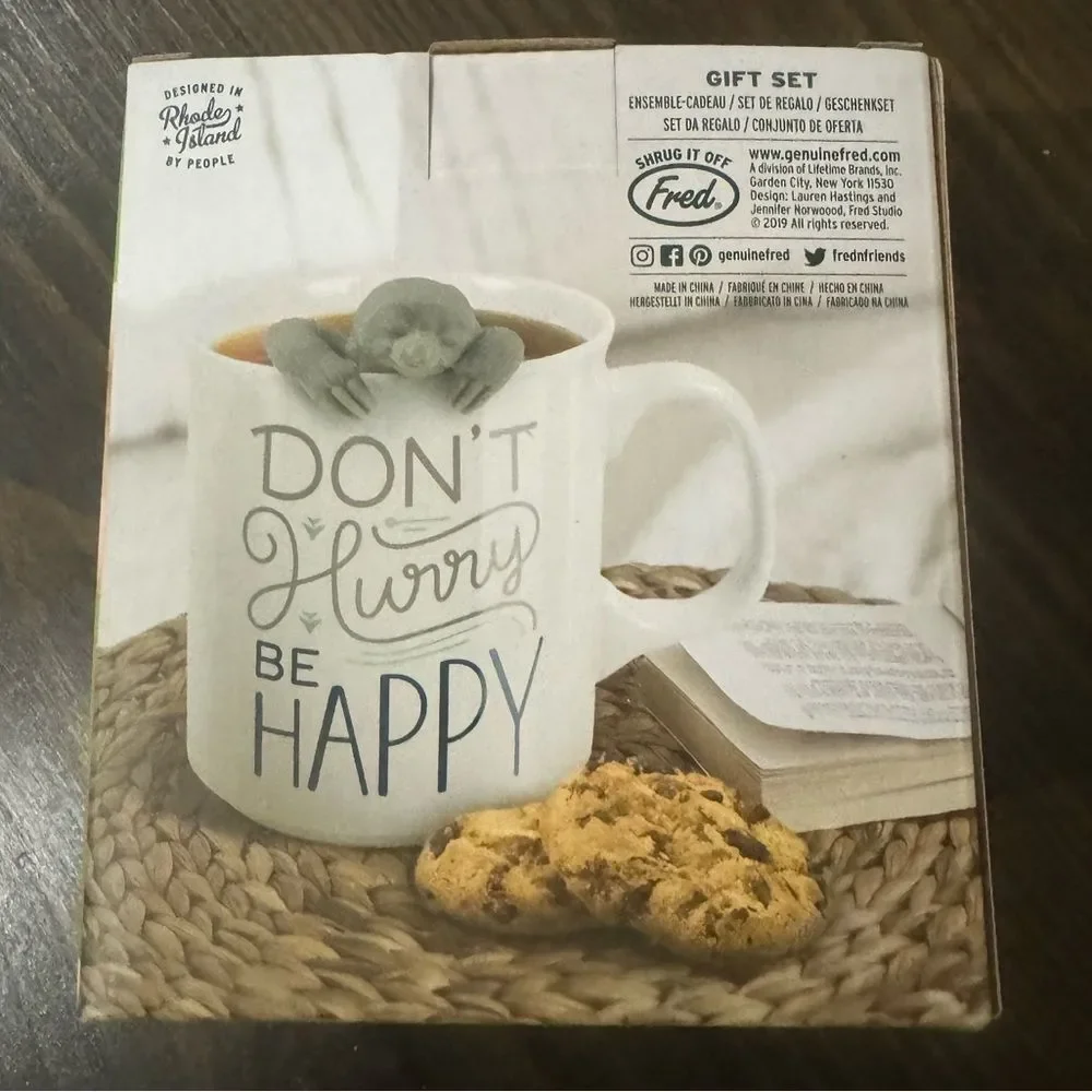 “Don’t Hurry Be Happy” tea mug and sloth slow brew diffuser gift set NIB